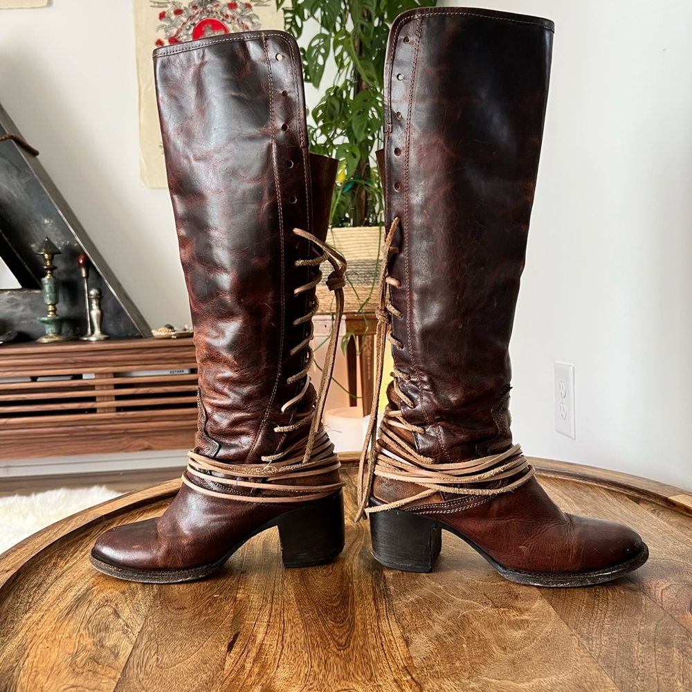 Freebird Coal Lace-Up Tall Leather Boots in Chestnut Brown/Cognac - Picture 10 of 12